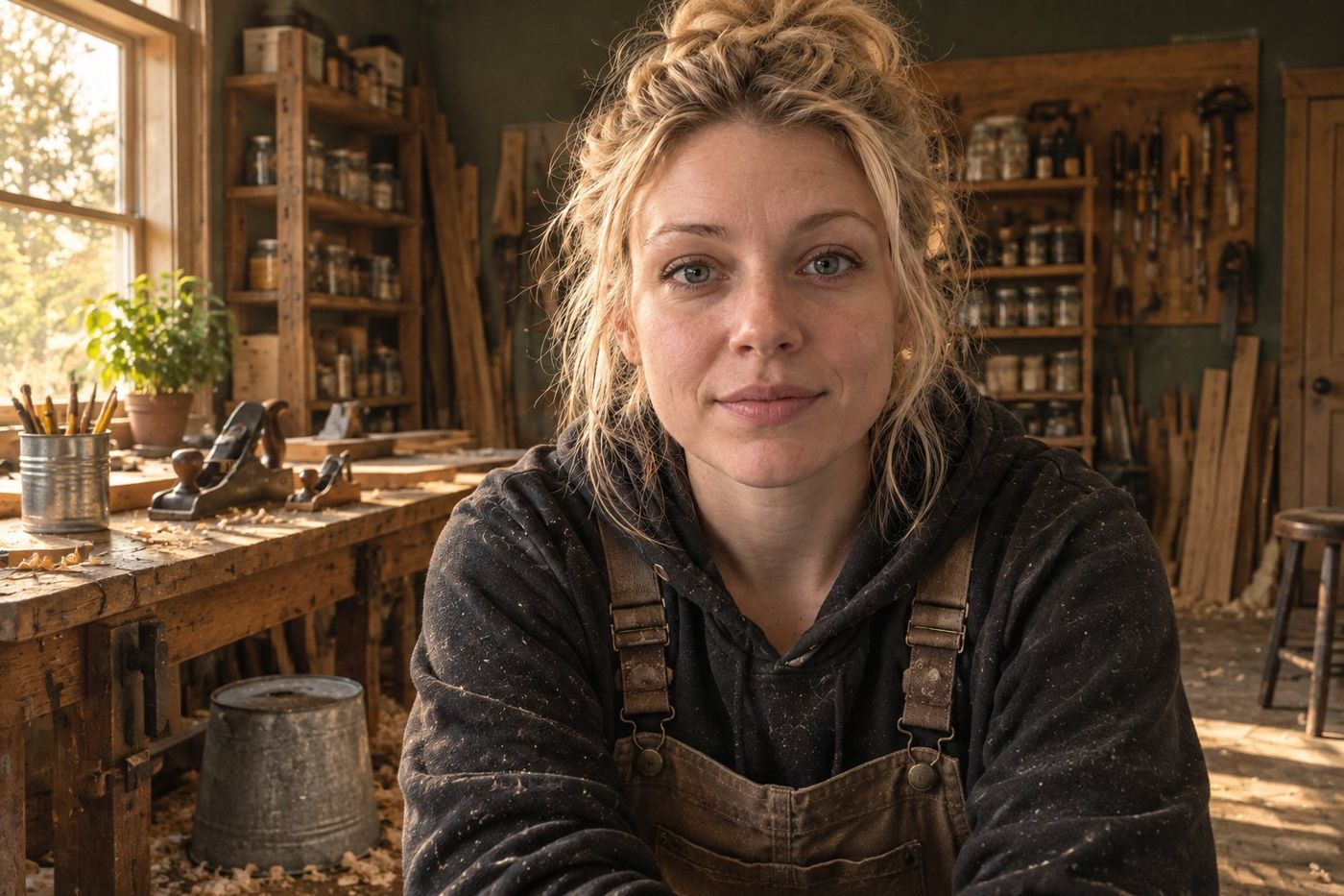 Nora at the workbench in her grandfather's workshop