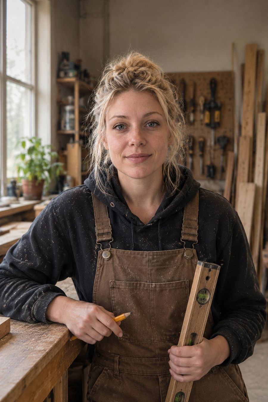 Nora in the workshop, holding a level