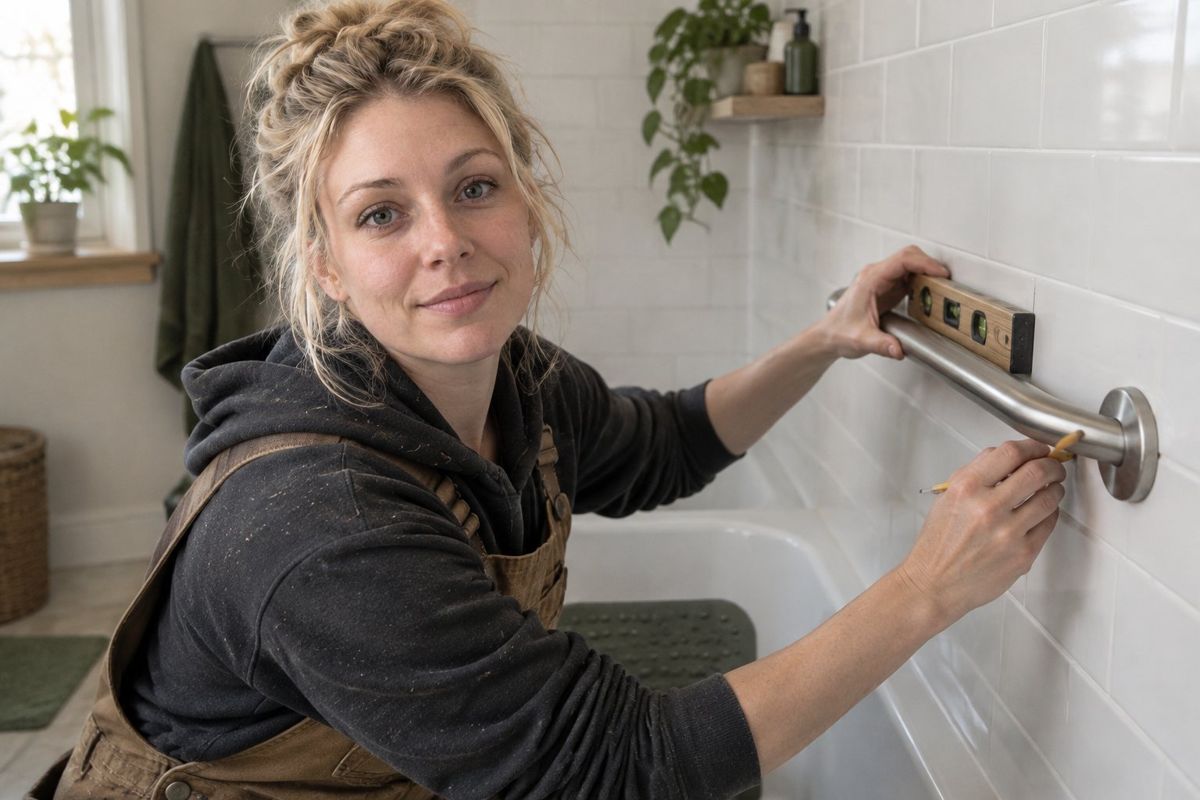 Nora fitting a grab bar in a bathroom