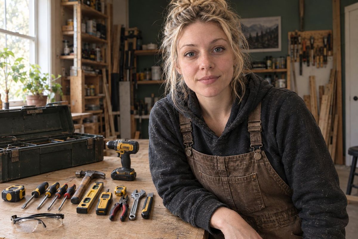 Nora at the workbench with a few simple tools laid out
